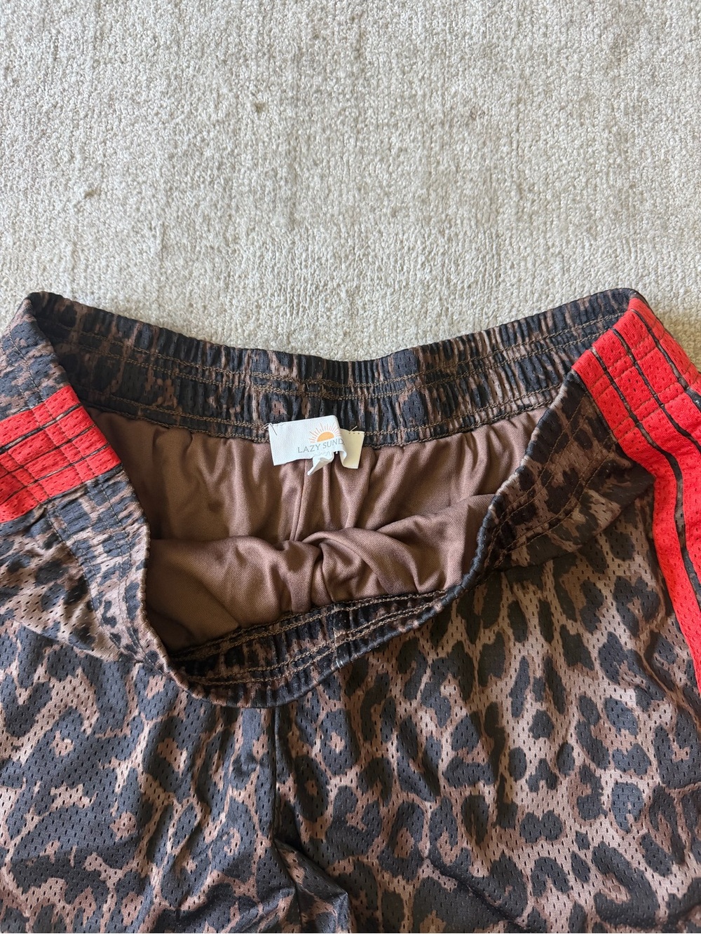 Women’s Athletic Shorts with Red Side Stripes - Leopard Print - Picture 4 of 5